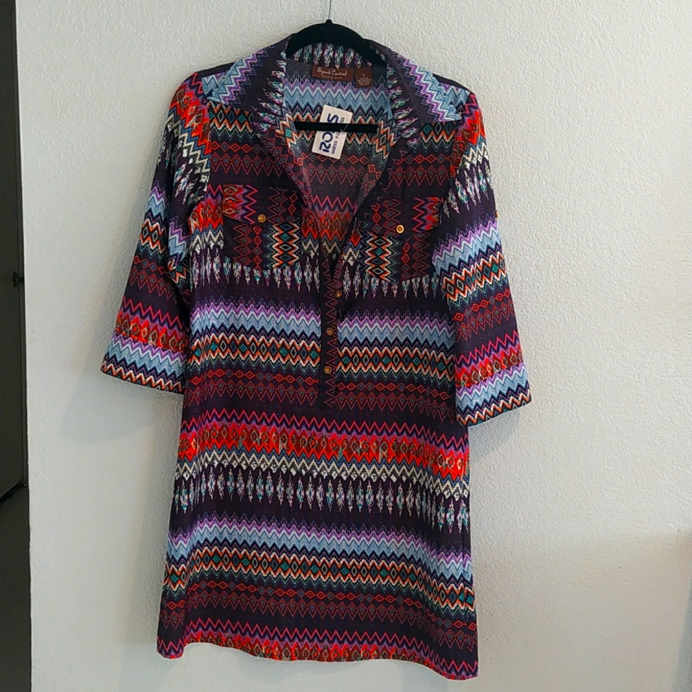 Colorful print dress with gold button detail